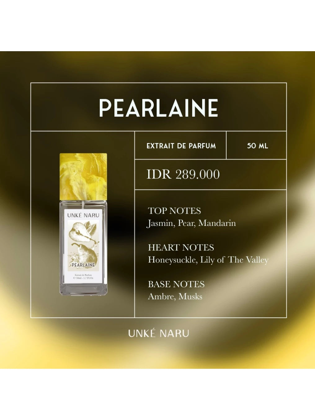 Pearlaine perfume bottle from Unke Naru with product details on a gradient background