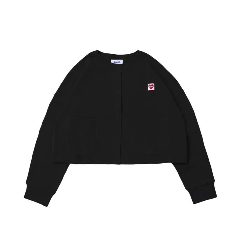 A black cardigan with long sleeves, a round neckline, and front pockets laid out flat by notyourcompany on a plain background.