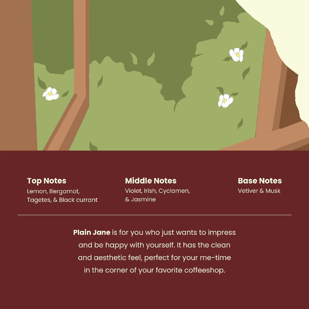 Plain Jane perfume by The Body Tale product description card with botanical illustration and notes on a brown background