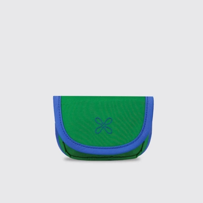 A compact card wallet with a green main color and blue detailing, featuring a magnetic closure and additional card slots from Exsport.