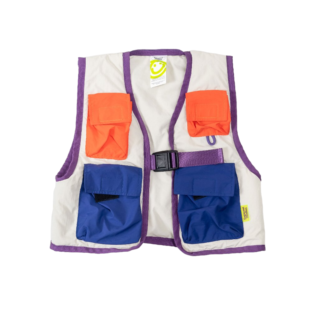 A white field vest with multiple colorful pockets and a visible brand tag, designed for children.