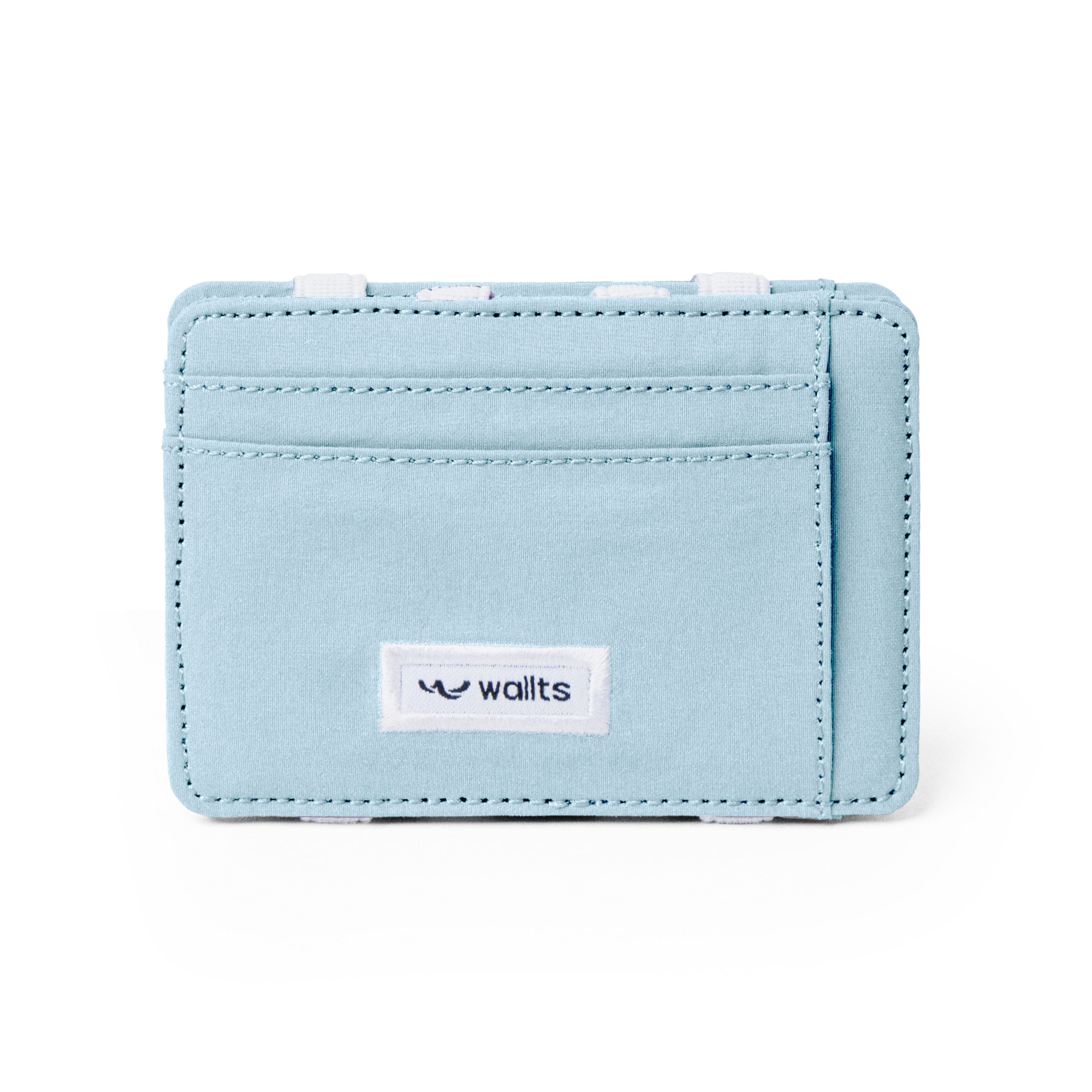 A light blue Wallts brand porta wallet with a front pocket and a label with the brand name on it.