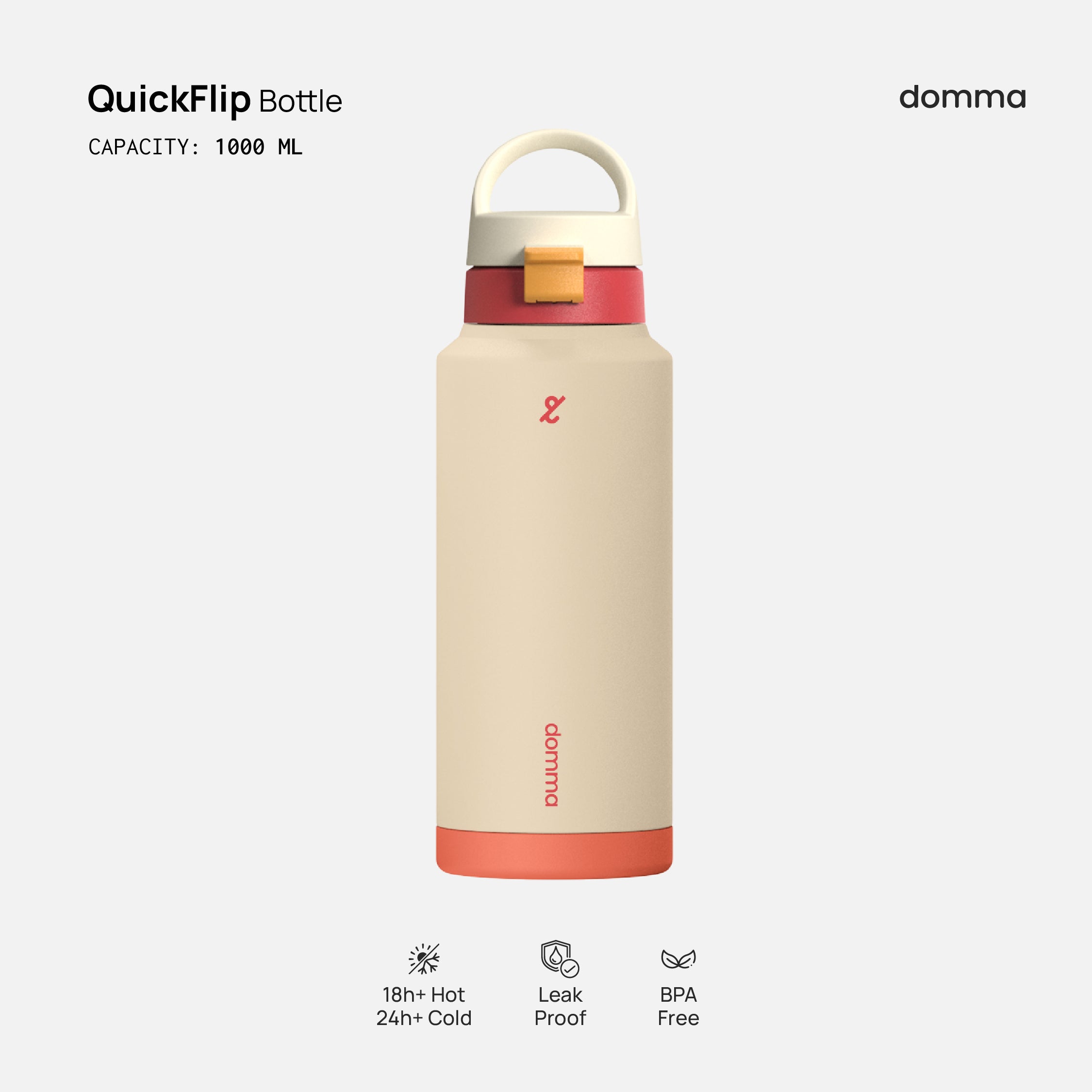 A beige, red and orange Domma Quick Flip 1000ml water bottle with a flip-top lid, marked as BPA free and suitable for hot and cold beverages.