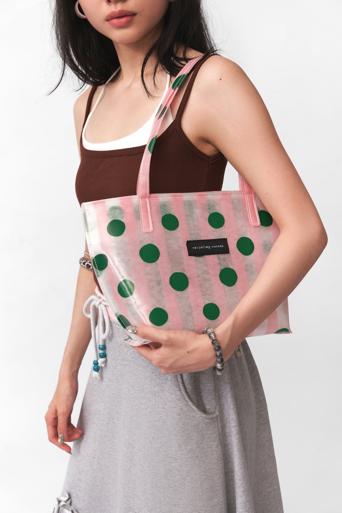 RV Polkastripe Tote Small - Pink/Green - Recycling Village