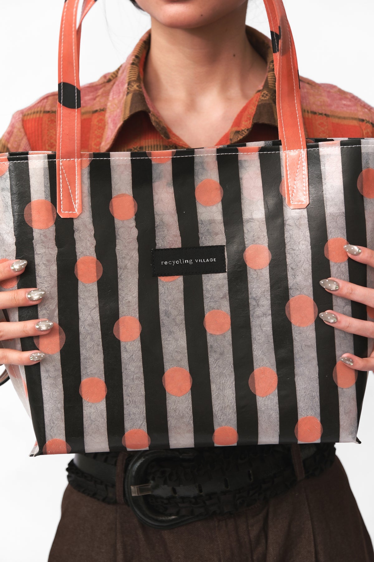 RV Polkastripe Tote Medium - Black/Peach - Recycling Village