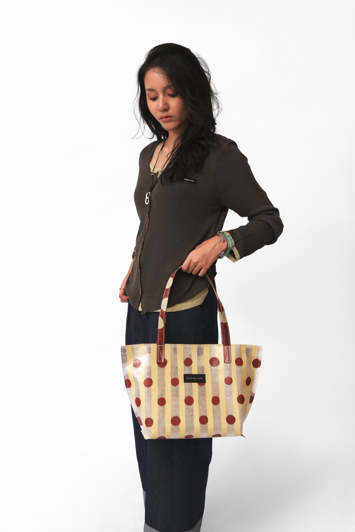 RV Polkastripe Tote Medium - Butter Yellow/Maroon - Recycling Village