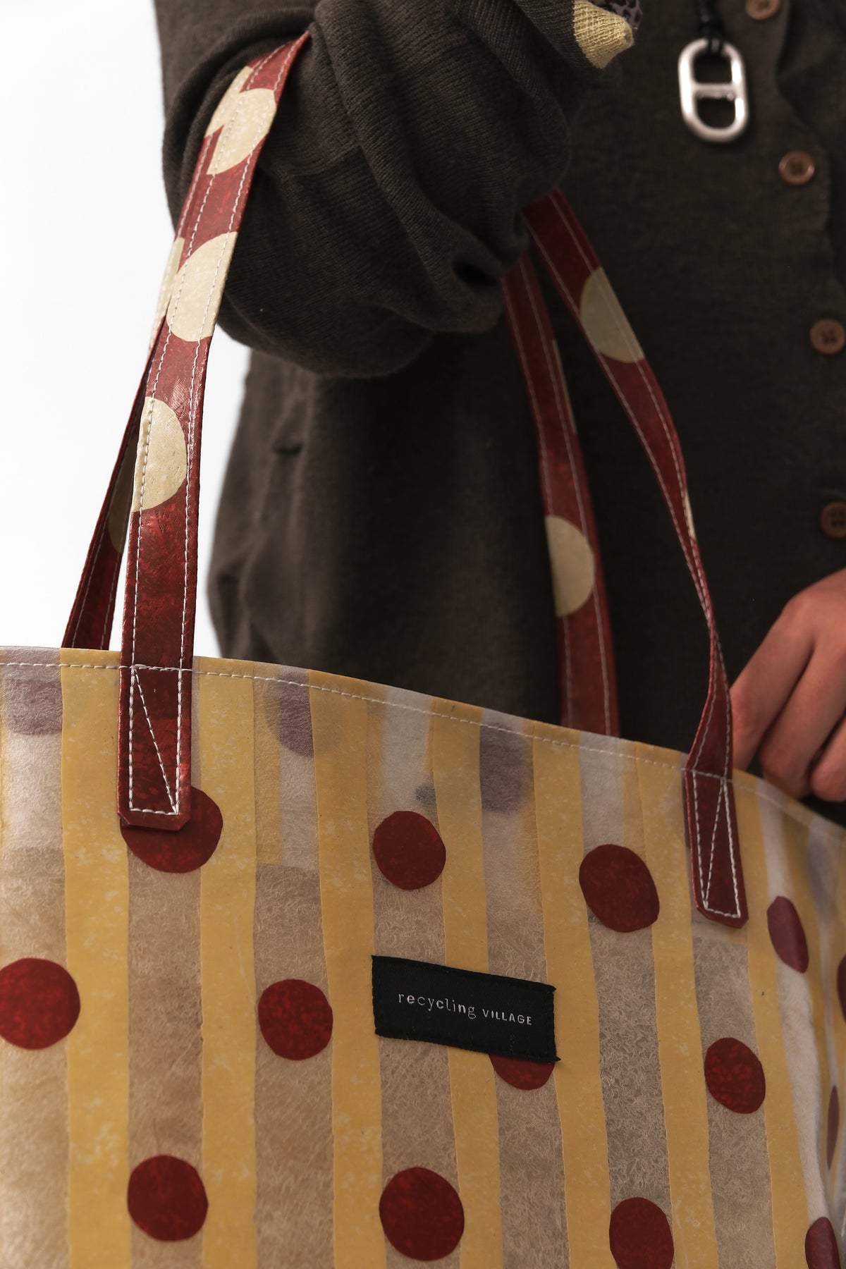 RV Polkastripe Tote Medium - Butter Yellow/Maroon - Recycling Village