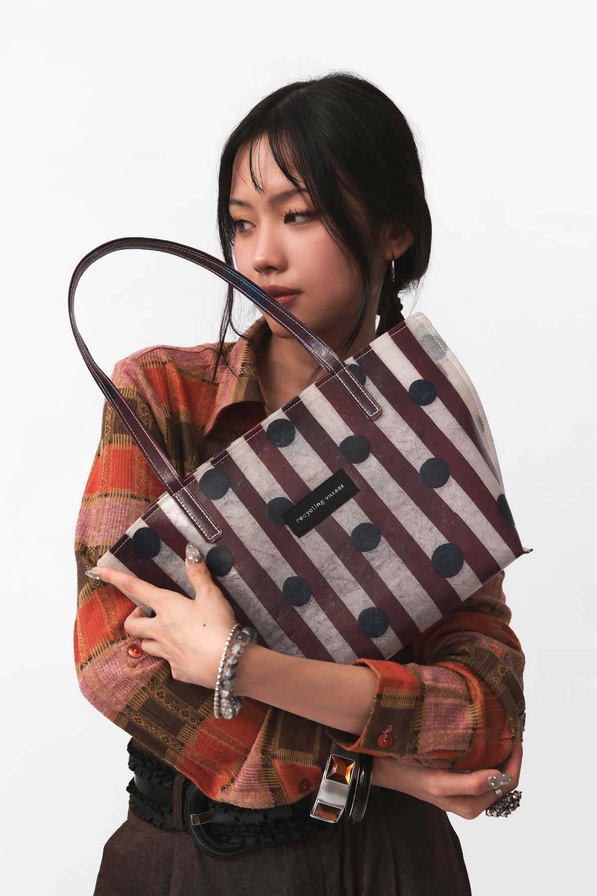 RV Polkastripe Tote Small - Plum/Navy - Recycling Village