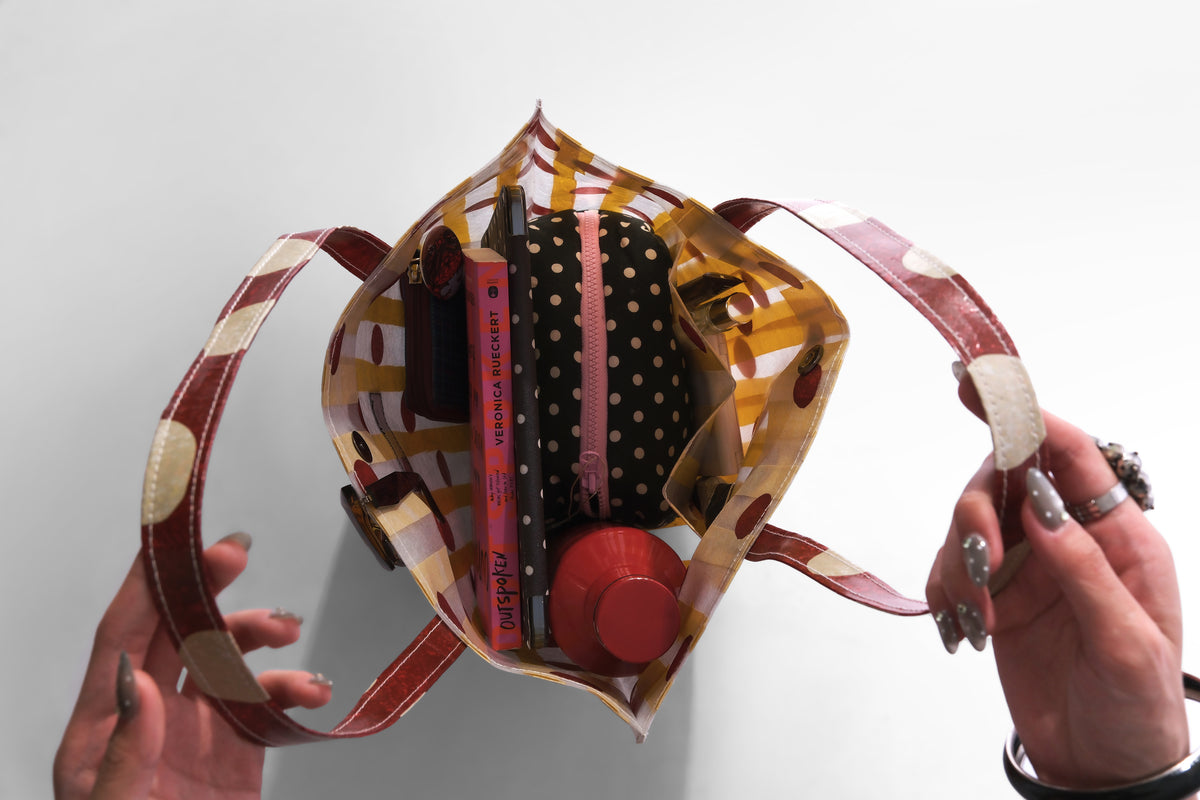 RV Polkastripe Tote Medium - Butter Yellow/Maroon - Recycling Village
