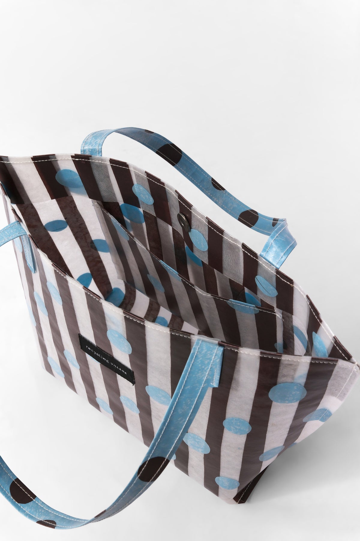 RV Polkastripe Tote Medium - Sky Blue/Brown - Recycling Village