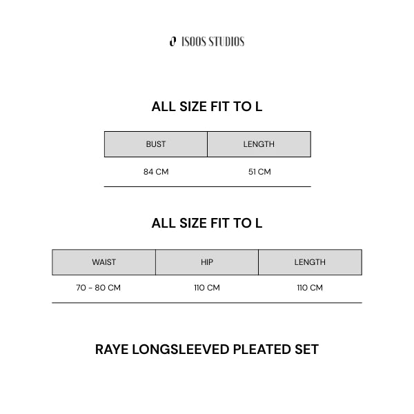 Measurement chart for a Raye longsleeved pleated set by Isoos Studios on a white background.