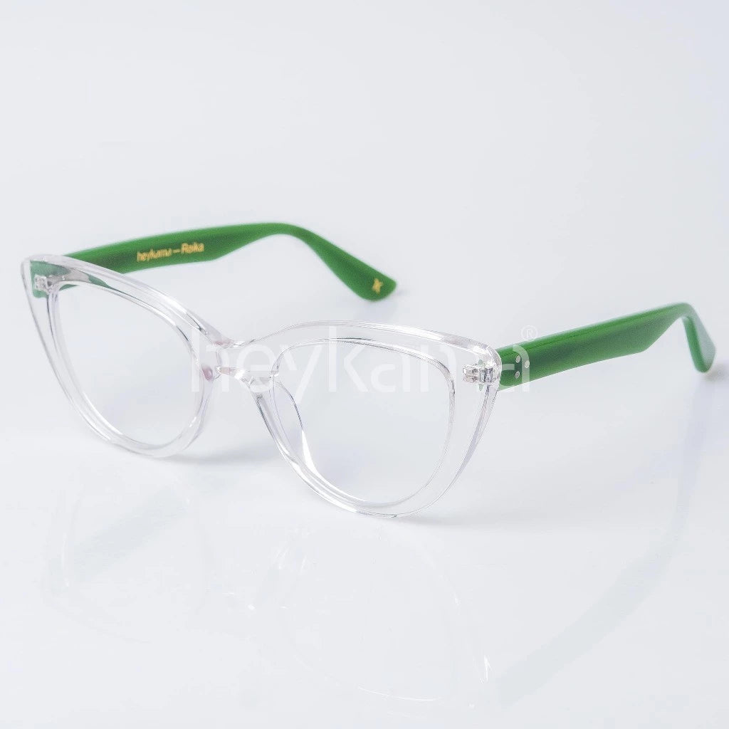 Clear glasses with green frames eyeglasses by Heykama on a white background