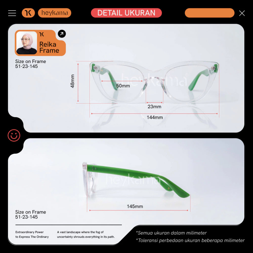 Reika eyeglasses by Heykama with size measurements on a white background