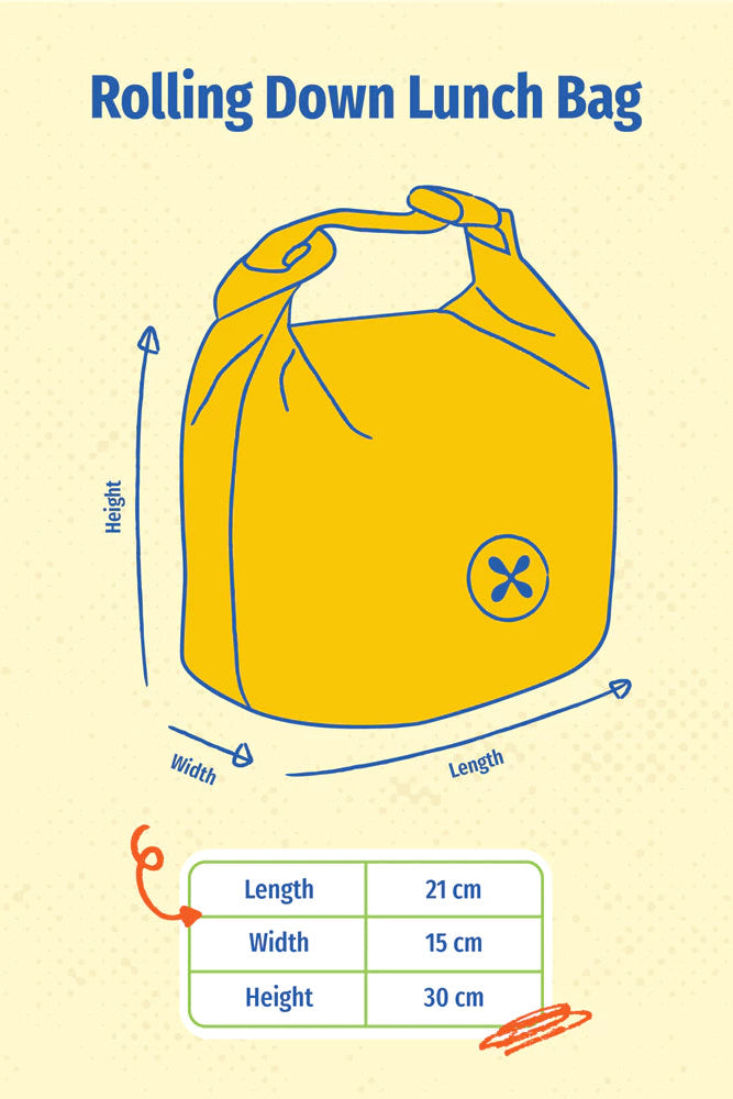 Illustrated lunch bag by Exsport Bag with dimension arrows showing height, width, and length, plus a small size table listing 21 cm length, 15 cm width, and 30 cm height on a pale yellow background.