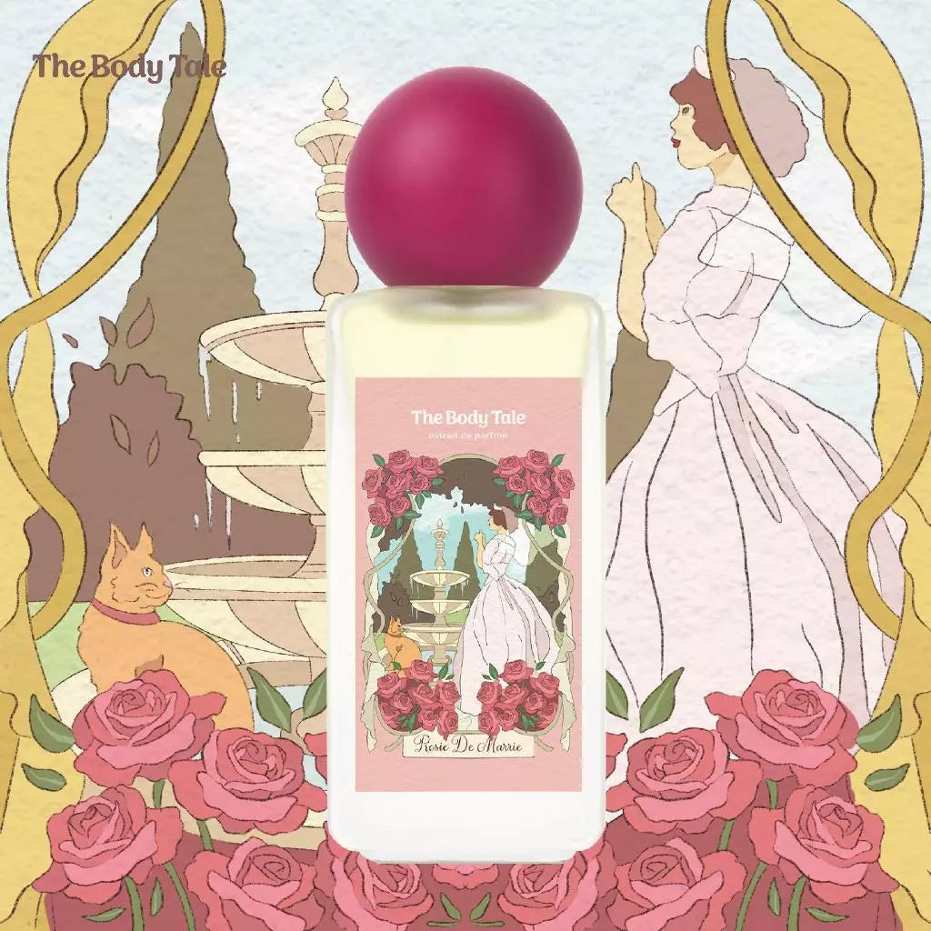 Perfume bottle with decorative label featuring illustrations and 'The Body Tale' branding.