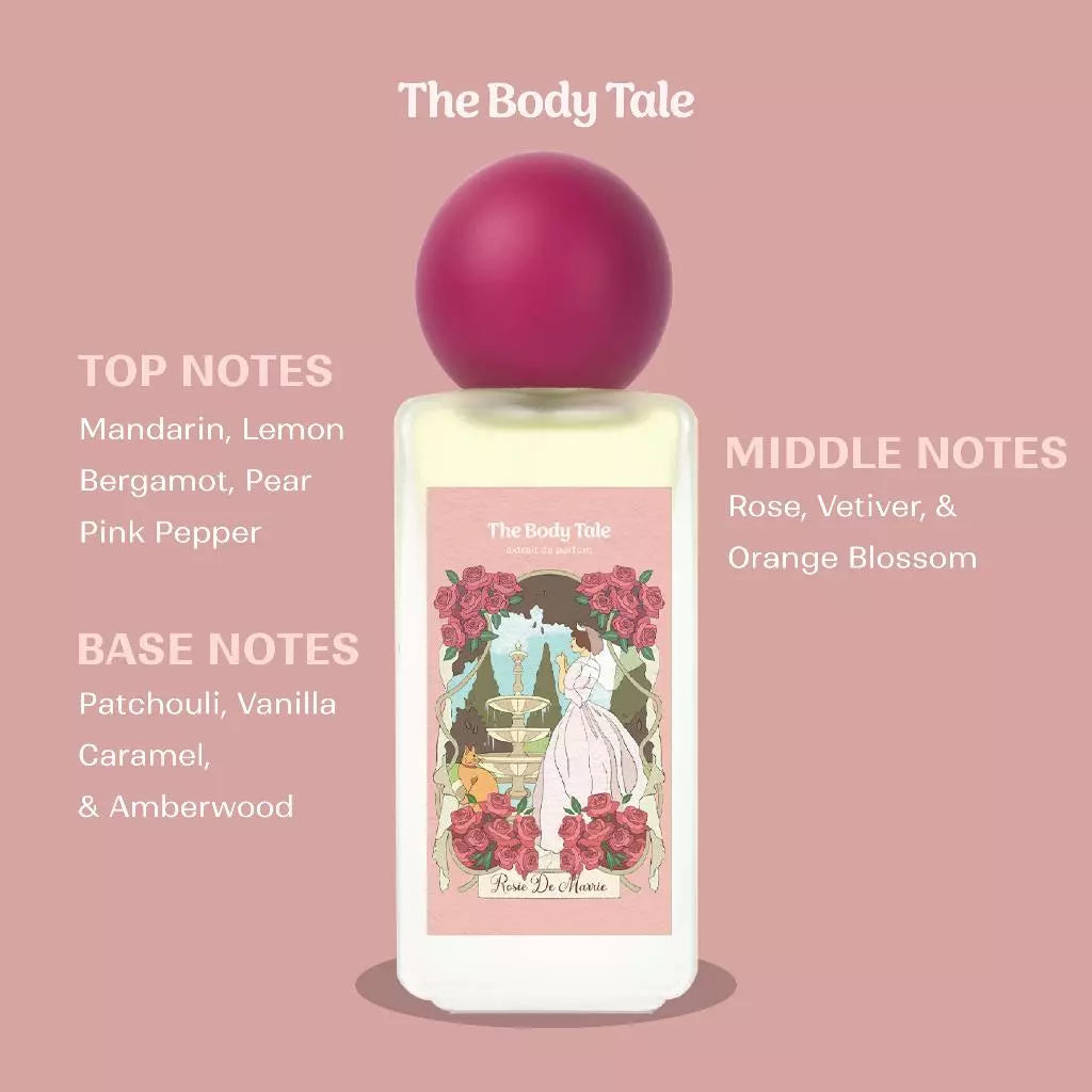 The Body Tale Rosie De Marrie Perfume – long-lasting extrait de parfum with floral, fruity, and woody notes.