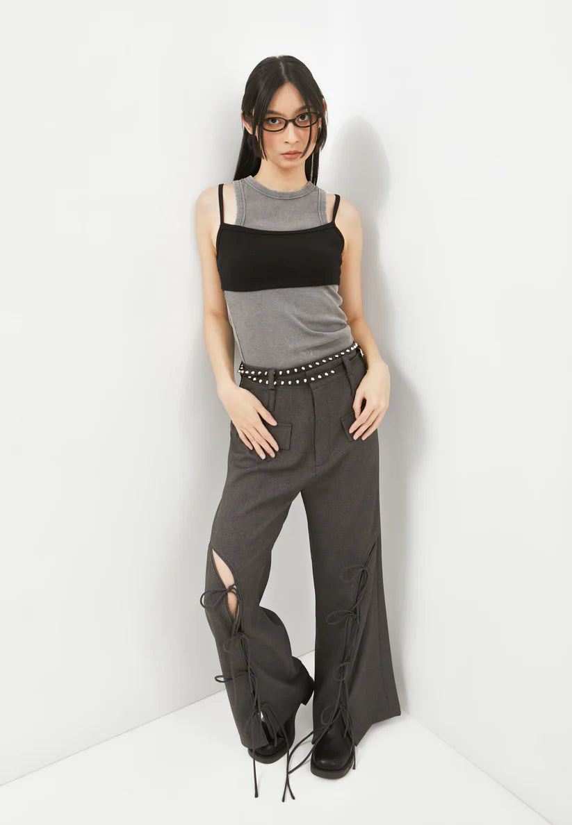 Dark Gray String Ribbon Pants - Catha