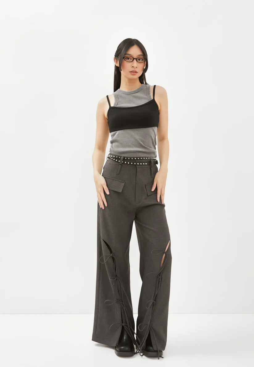 Dark Gray String Ribbon Pants - Catha