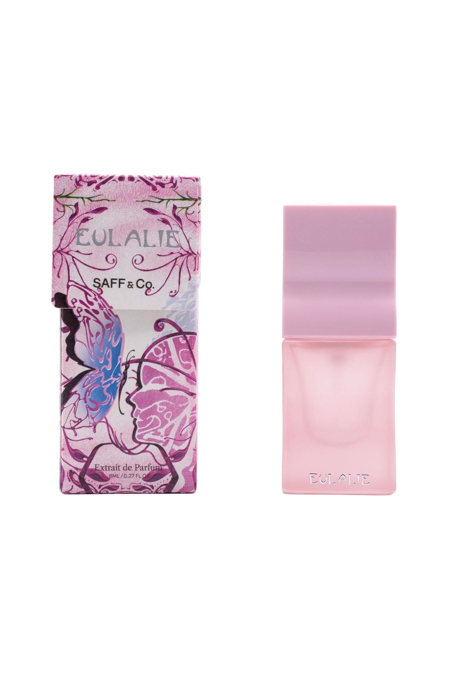 Pink perfume bottle and packaging with butterfly design by Saff n Co on a white background