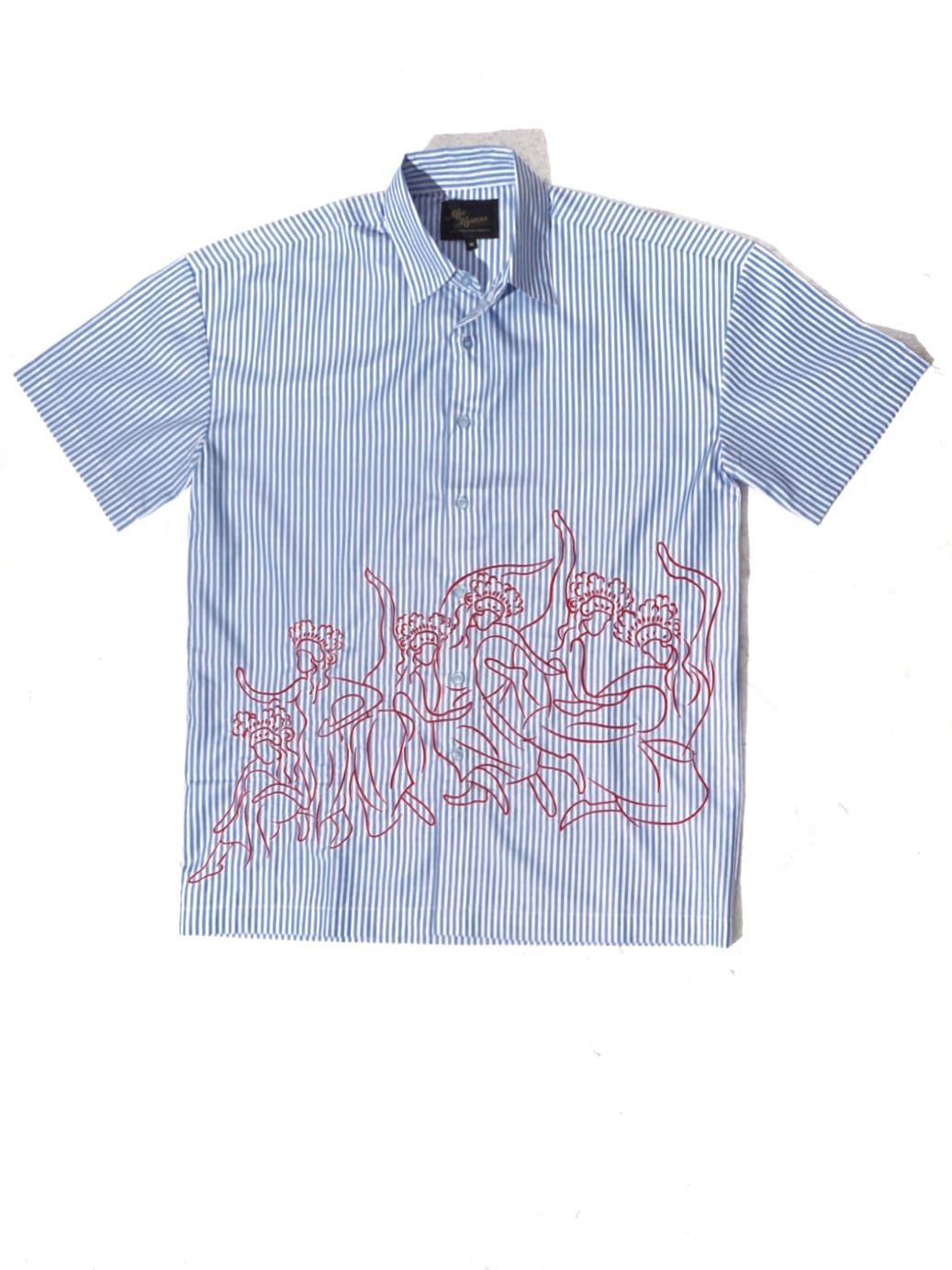 Blue and white striped shirt with red embroidered design by Manikan on a white background