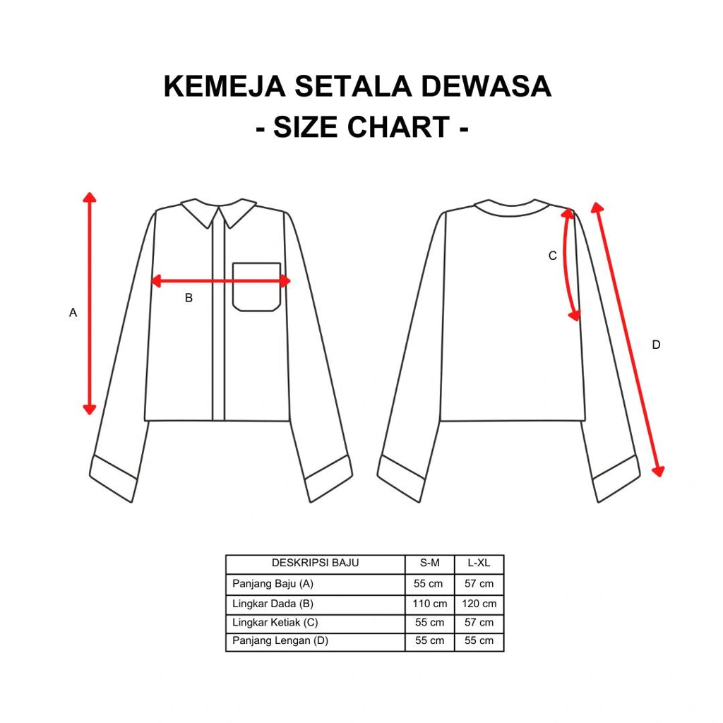 Size chart for Setala longsleeves shirts by Damakara with measurements labeled