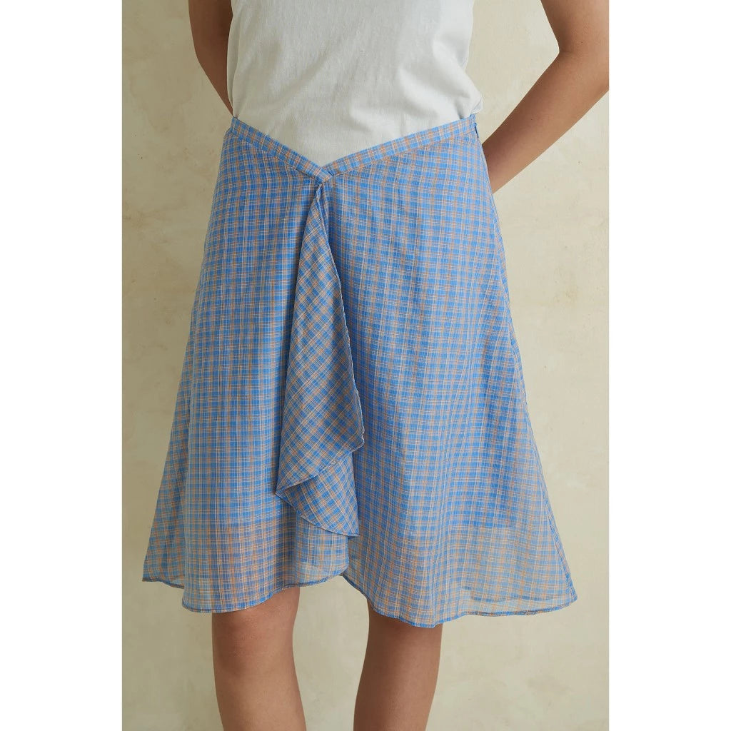 Blue checkered skirt worn by a person on a beige background