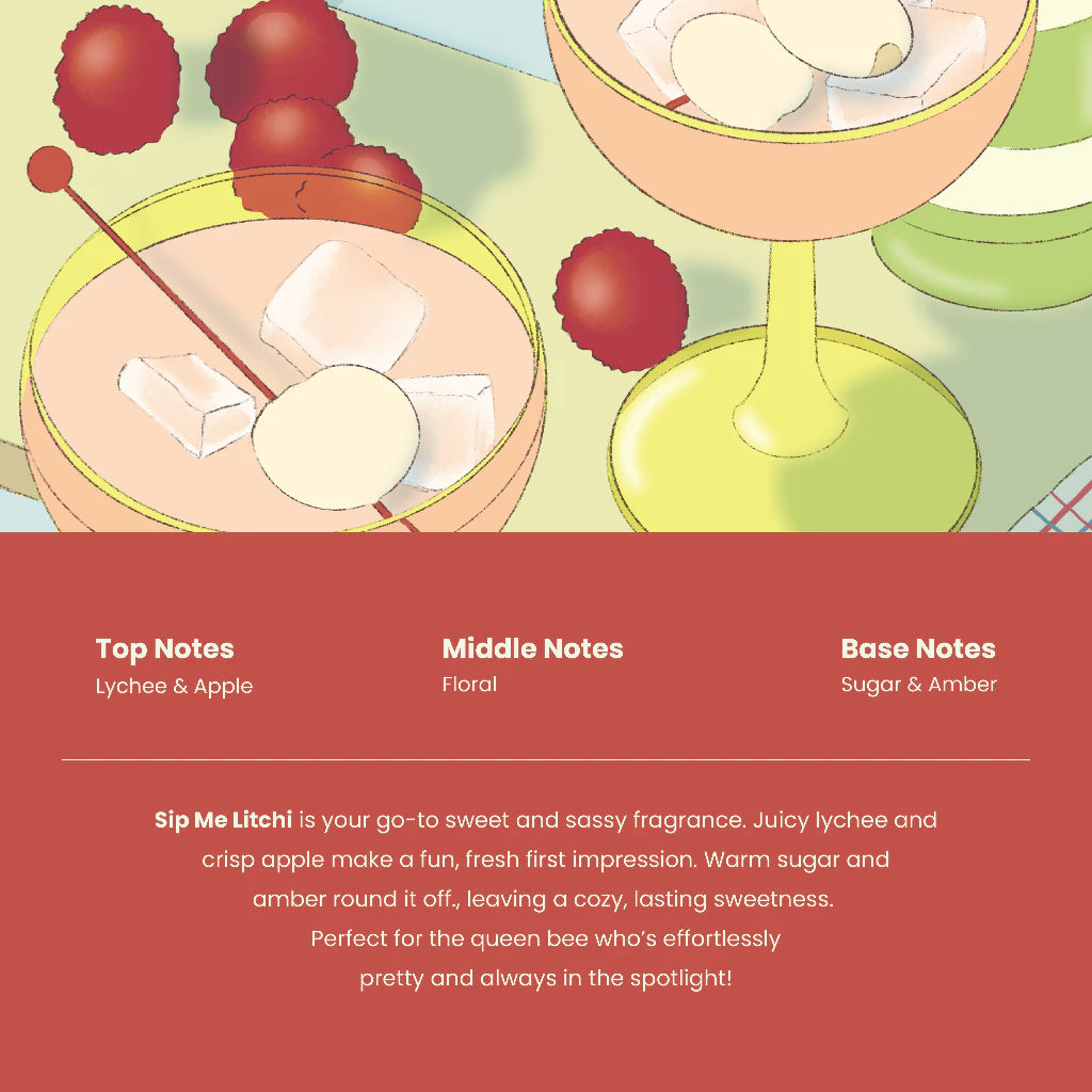 Packaging of Sip Me Litchi perfume by The Body Tale with illustration of a lychee and apple titchi with fragrance notes on a red background