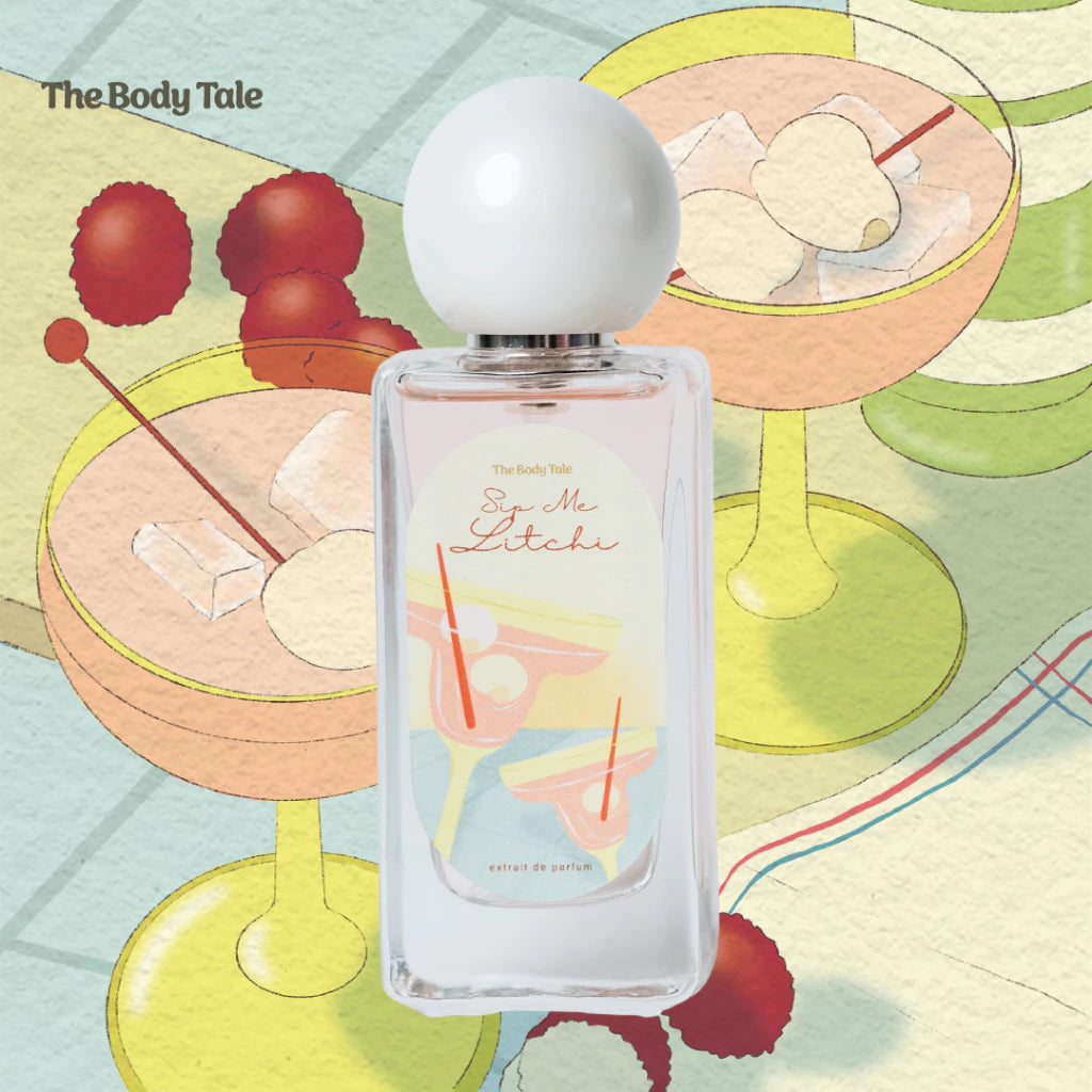 Perfume bottle labeled 'Sip Me Litchi' and 'Extrait De Parfume' by The Body Tale with a beverages-themed background