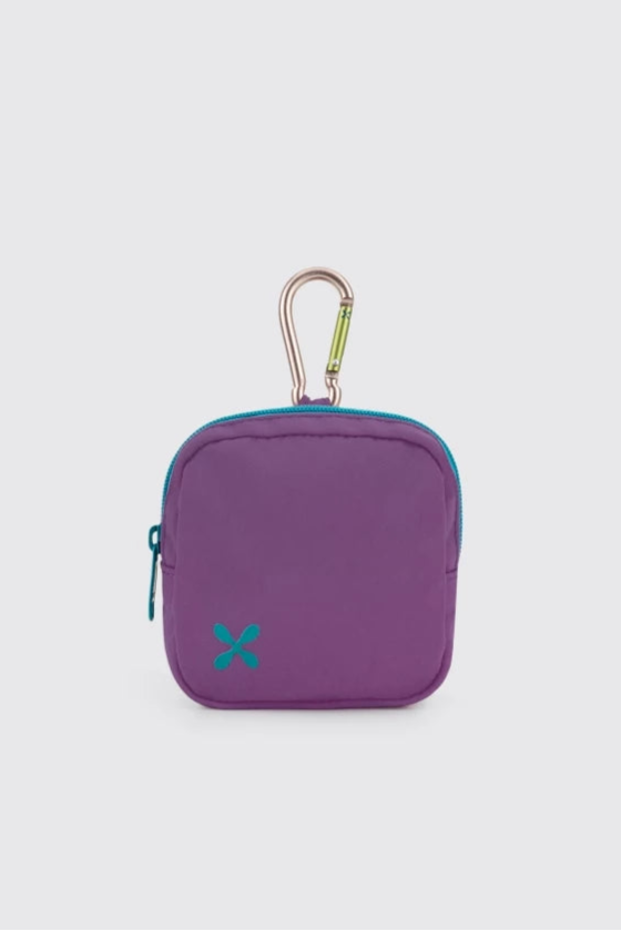 Purple pouch with a teal Exsport logo and carabiner on a light gray background