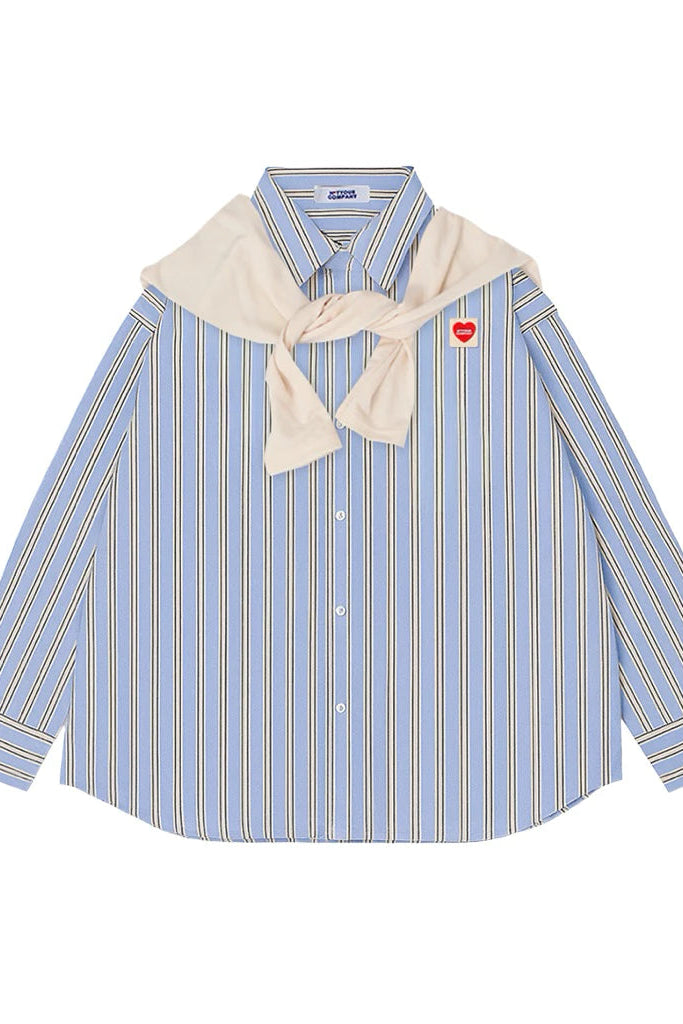 Blue striped shirt with a beige scarf and red heart emblem by notyourcompany on a white background