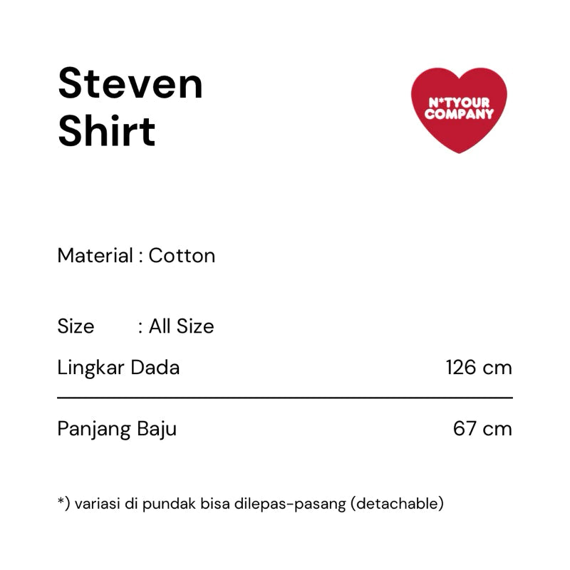 Product label for Steven Shirt by Not Your Company with material, size, and dimensions on a white background.