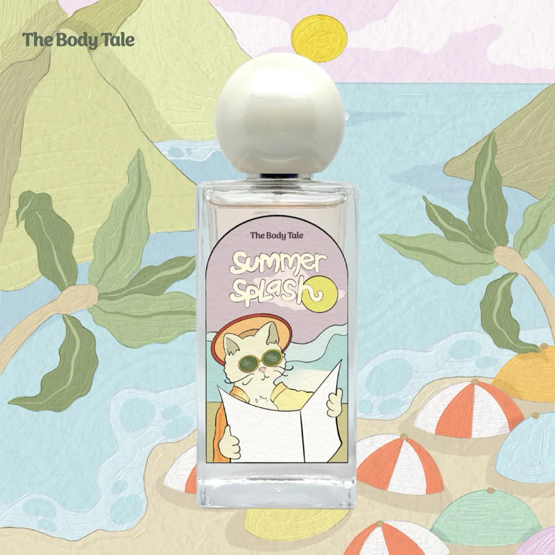 A bottle of 'Summer Splash' perfume by The Body Tale, depicted with a tropical beach theme in the background.