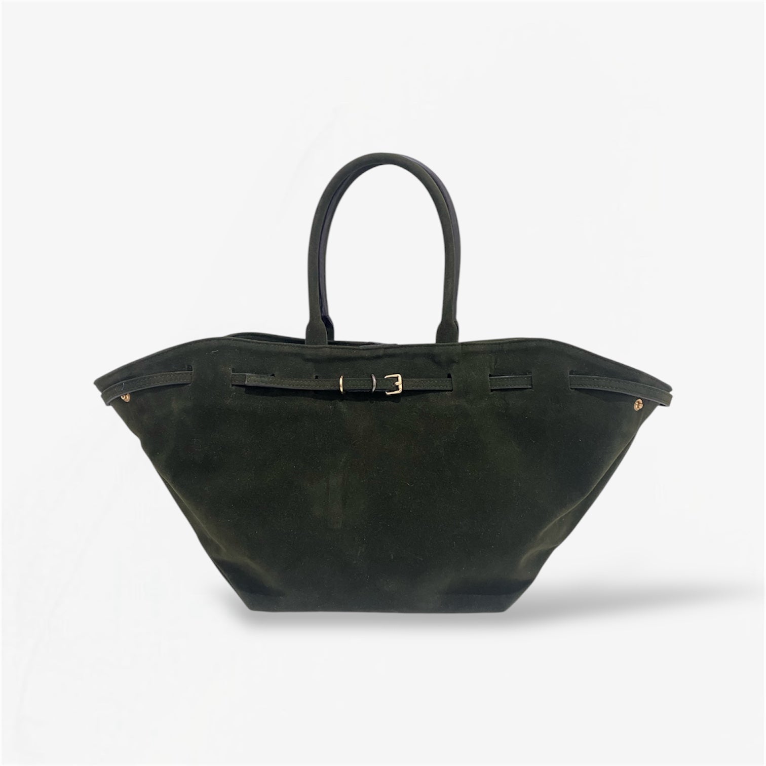 A dark green suede shoulder bag with a simple design and two handles from Masagi.