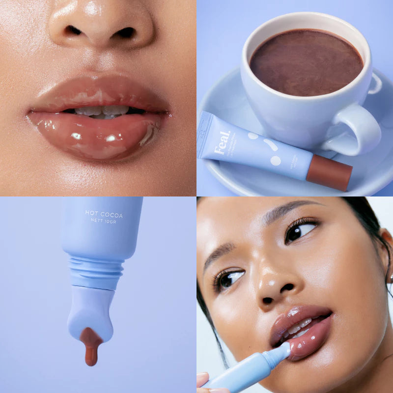 Collage of a person applying lip balm, close-up of lips, cup of hot chocolate, and lip balm packaging.