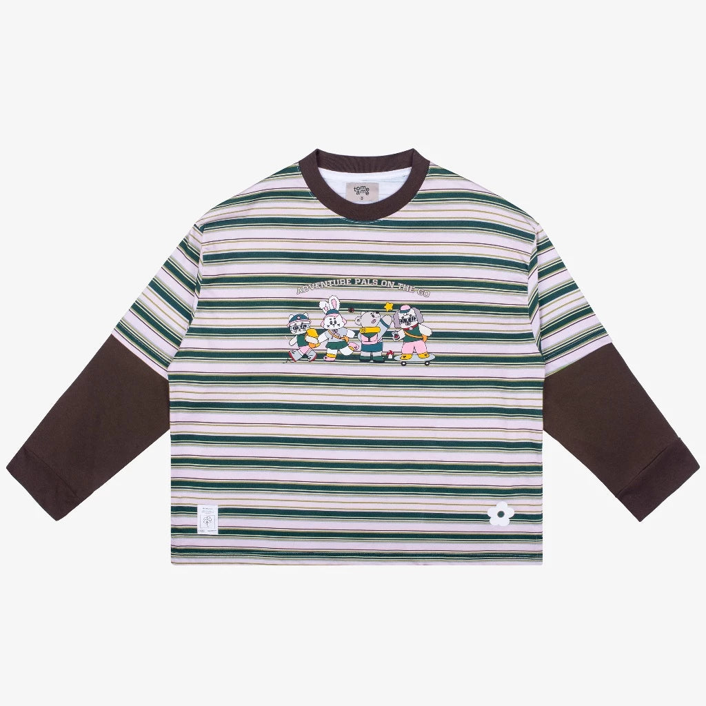 Striped long-sleeve t-shirt by Tome Ame with cartoon character patch on a white background