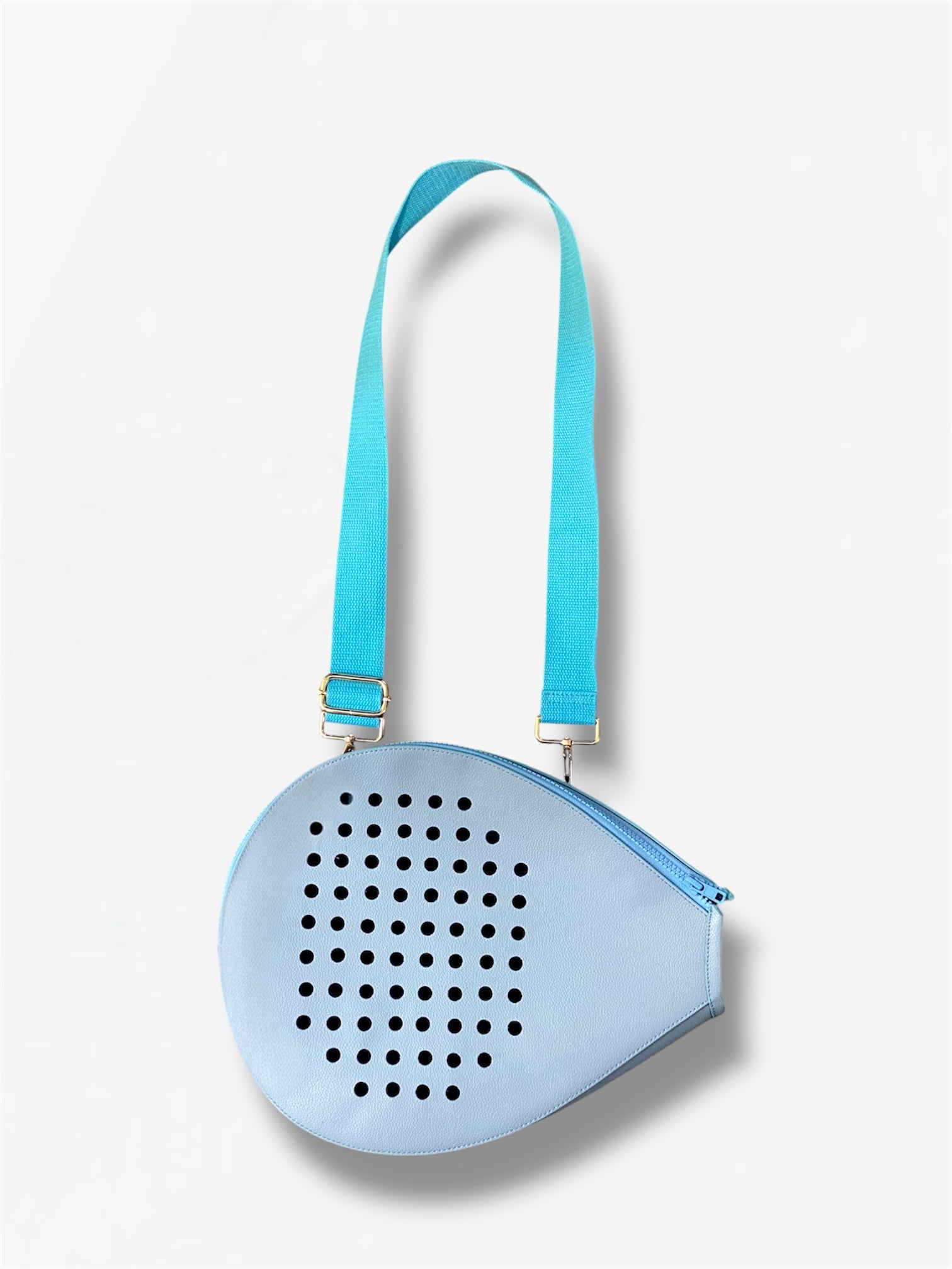 Light blue padel racket carrier with a blue strap from Masagi on a white background