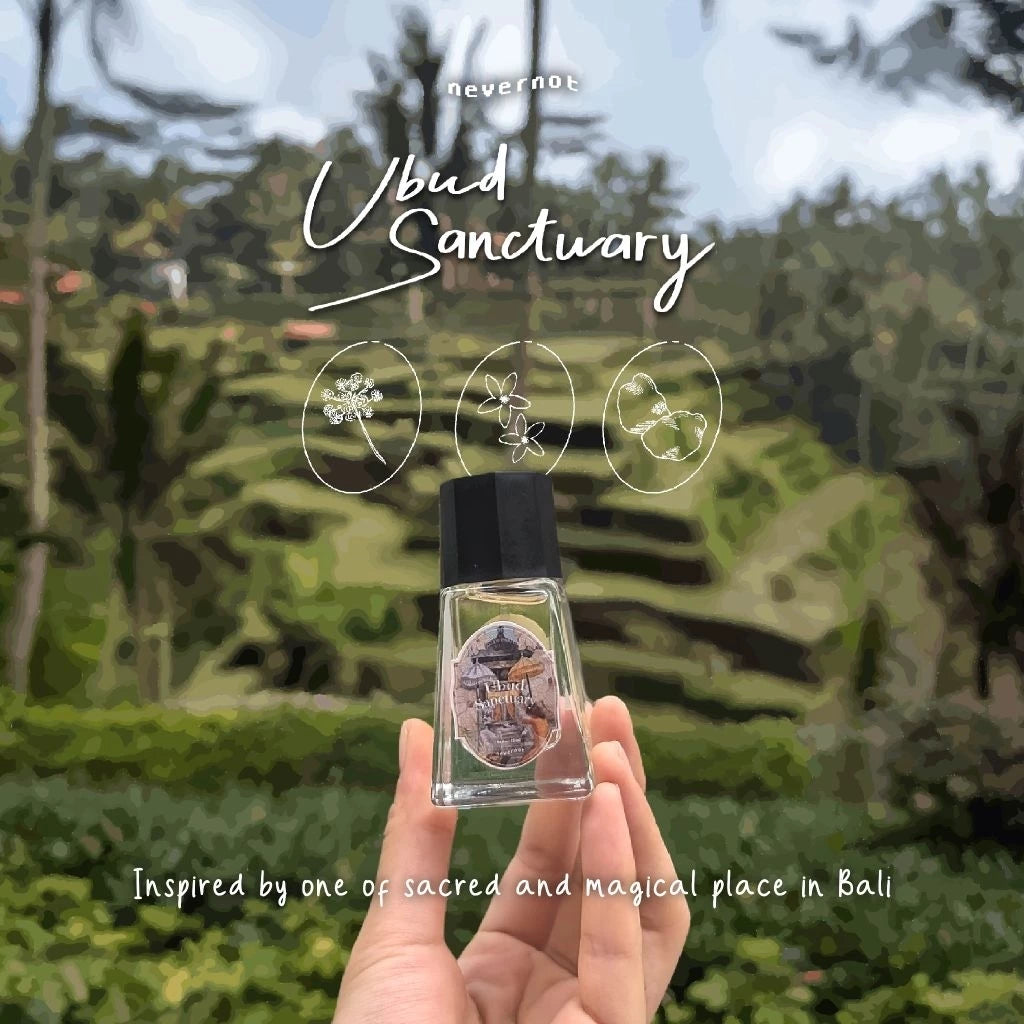 Hand holding a ubud sanctuary perfume bottle by Nevernot with a scenic background of Ubud, Bali.