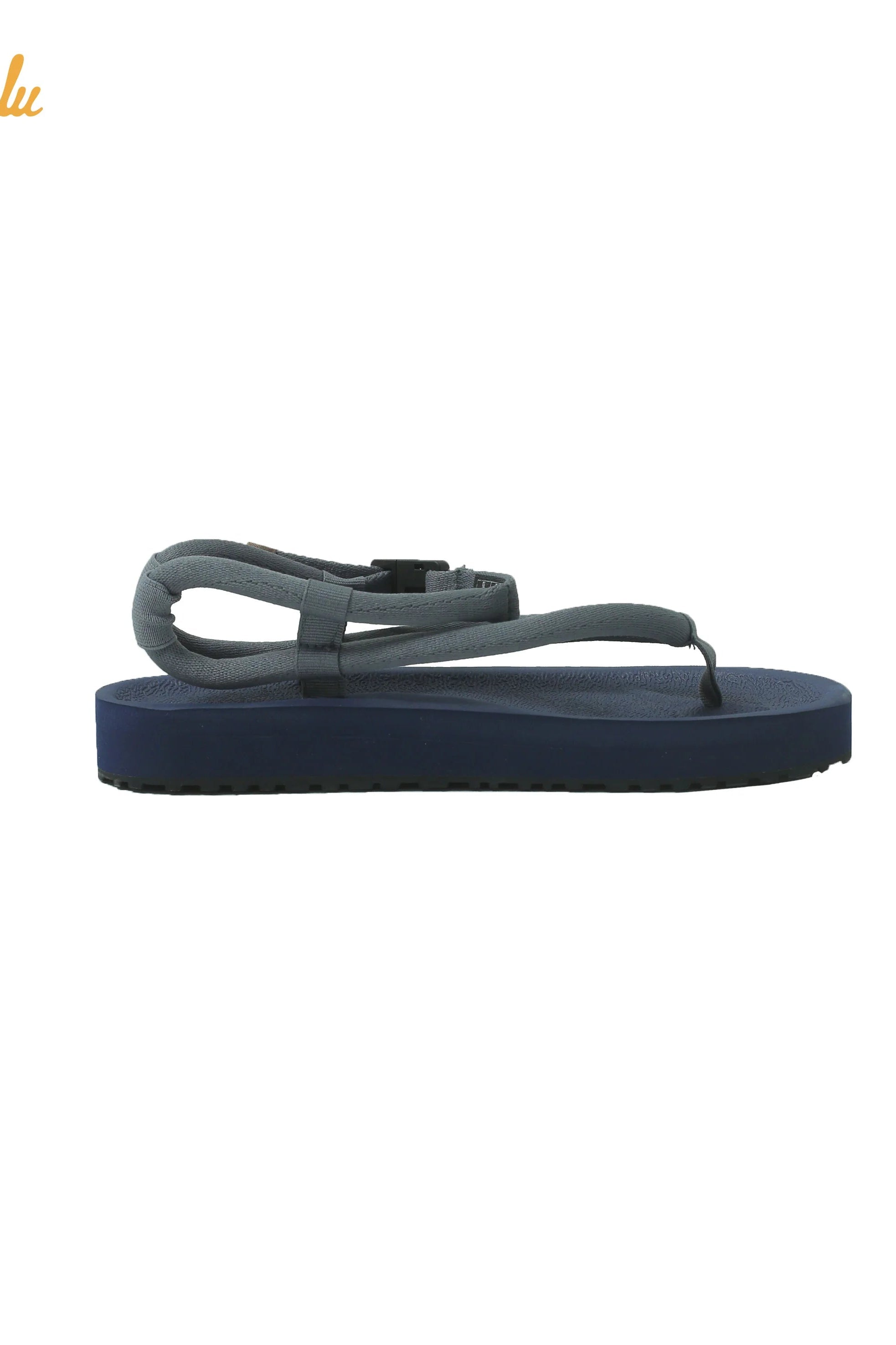 Navy blue thong sandal by Gahalu with a thin strap on a white background