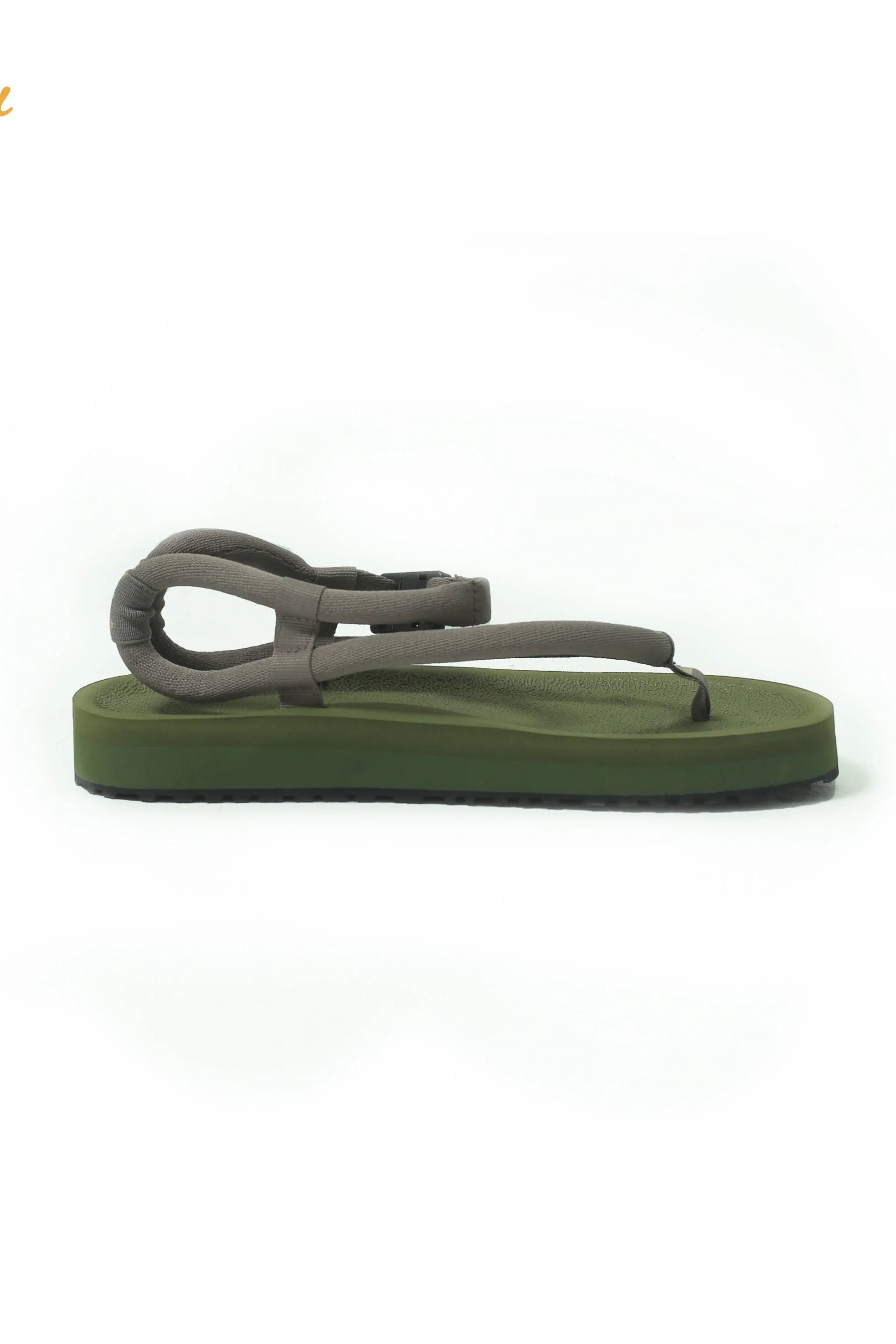 A single green flat thong sandal by Gahalu shown in side profile on a white background, with the brand name 'Sahalu' printed in orange in the top-left corner. The sandal features a dark olive green footbed and a taupe-brown strap with a circular loop design.