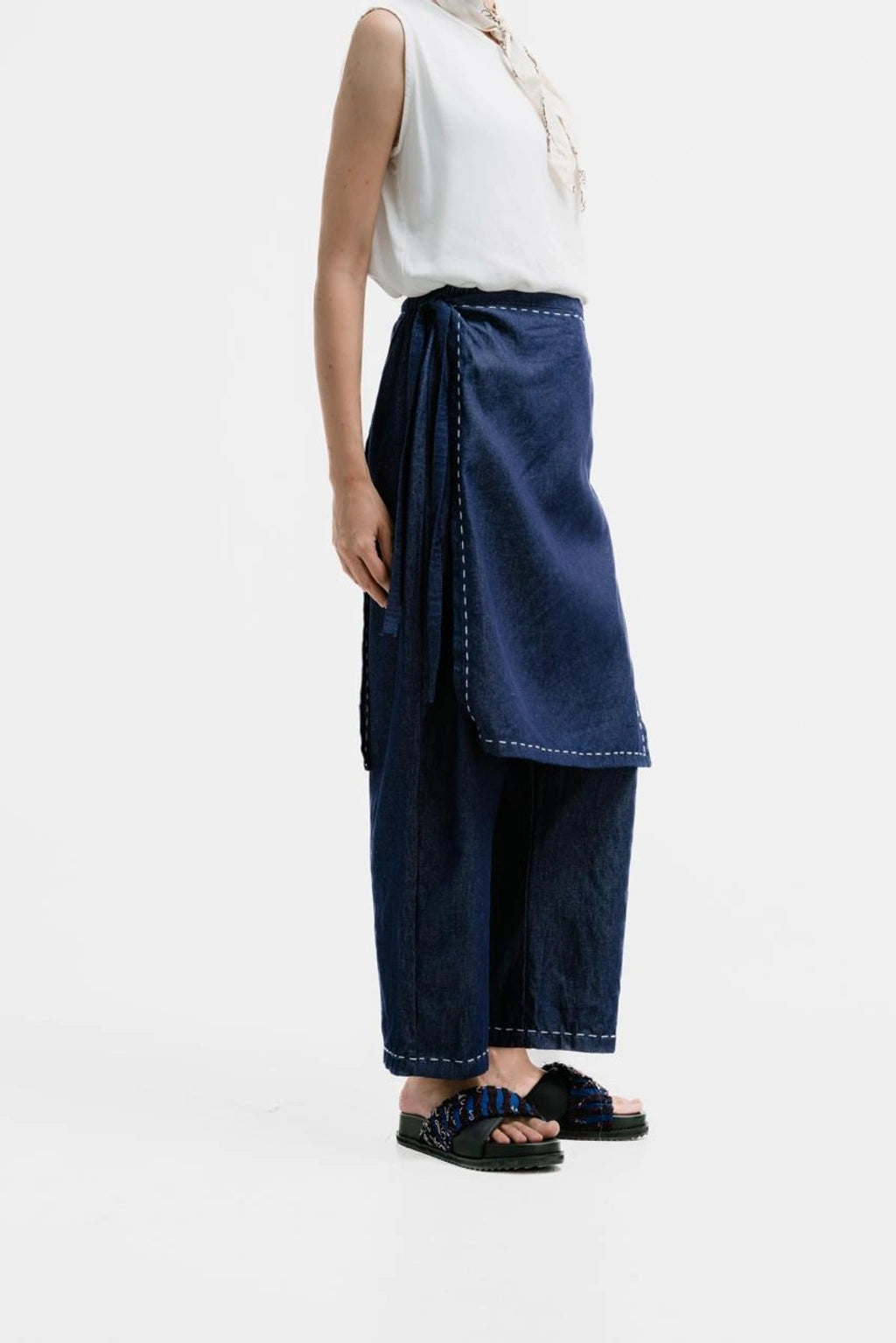 Basic Denim Sashiko Apron Pants - Damakara