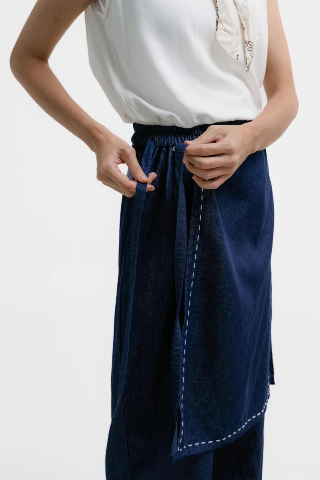 Basic Denim Sashiko Apron Pants - Damakara