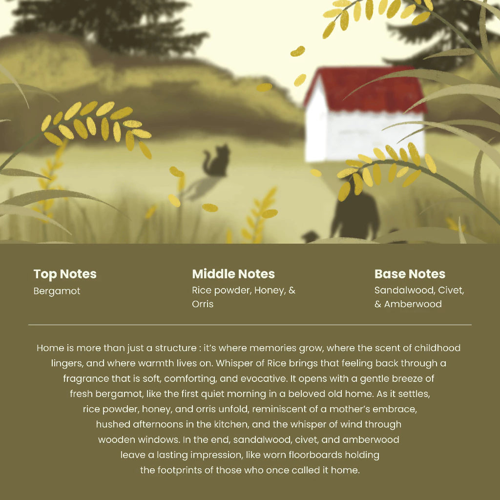 Packaging of Whisper Of Rice perfume by The Body Tale with illustration of a house in a field featuring top notes, middle notes, and base notes text overlay.