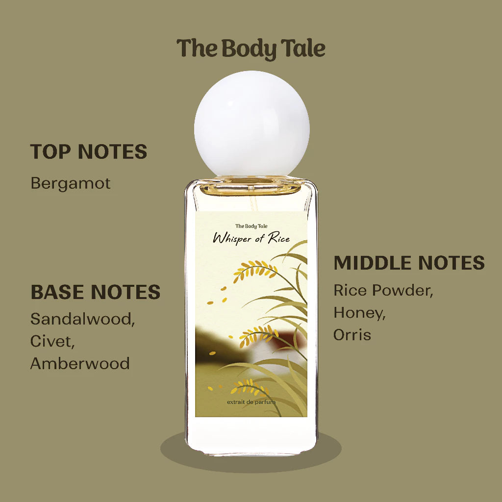 The Body Tale Whisper of Rice Perfume – long-lasting extrait de parfum with floral, powdery, and woody notes.