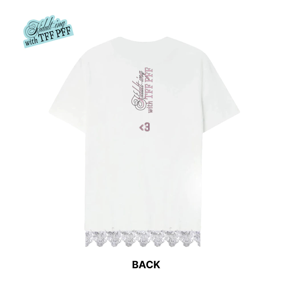 White t-shirt by Tuff Puff with text and design on the back, on a white background