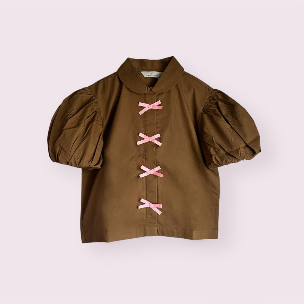 Ribbon Cotton Puff Shirt Brown - Argyle & Oxford