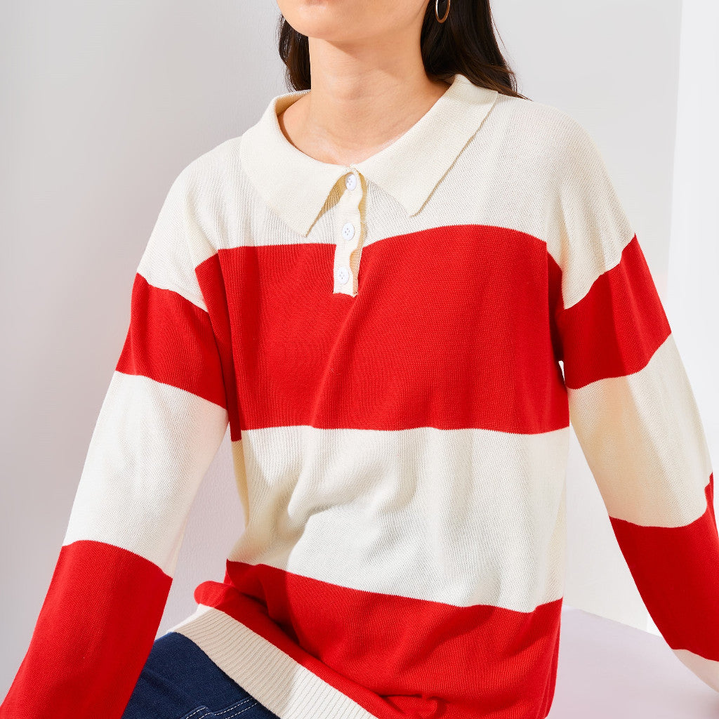 Rugby Stripe Polo Sweater Red - Vintage House