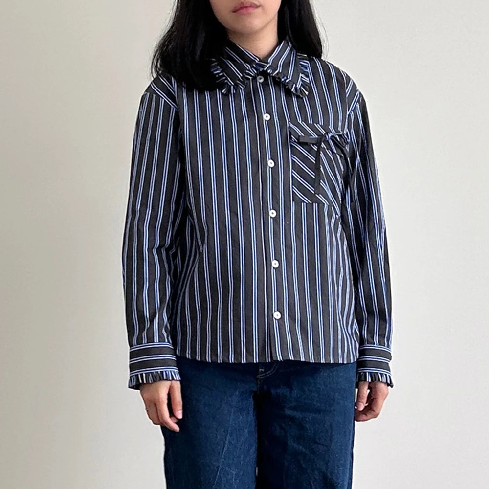 Ribbon Scandi Stripes Shirt - Grey Blue - Argyle & Oxford