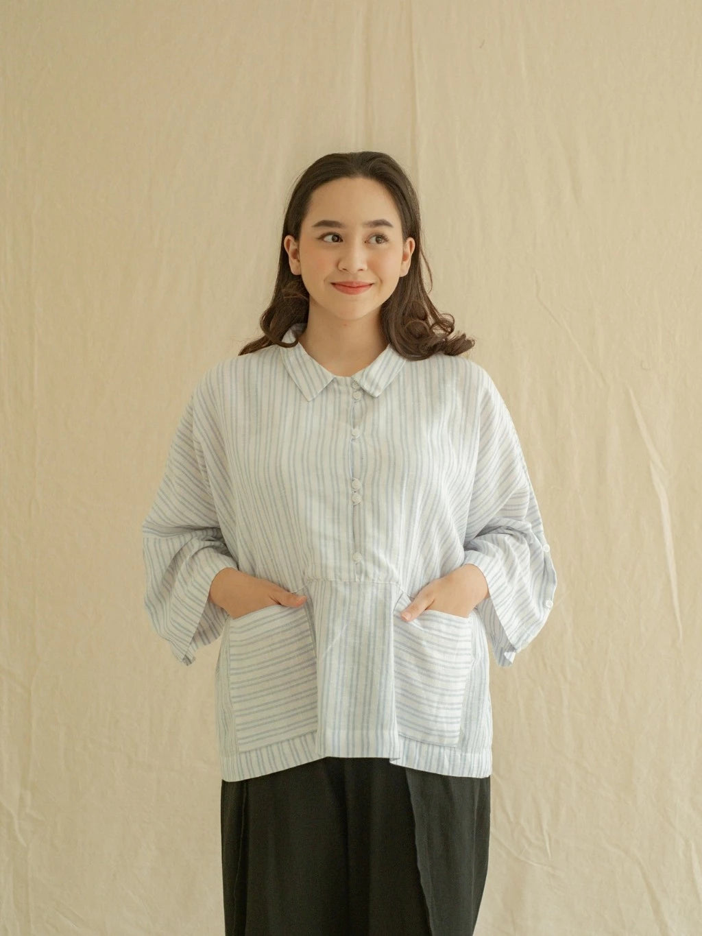 Blouse Silih Salur Biru - Labuan Linen Wear