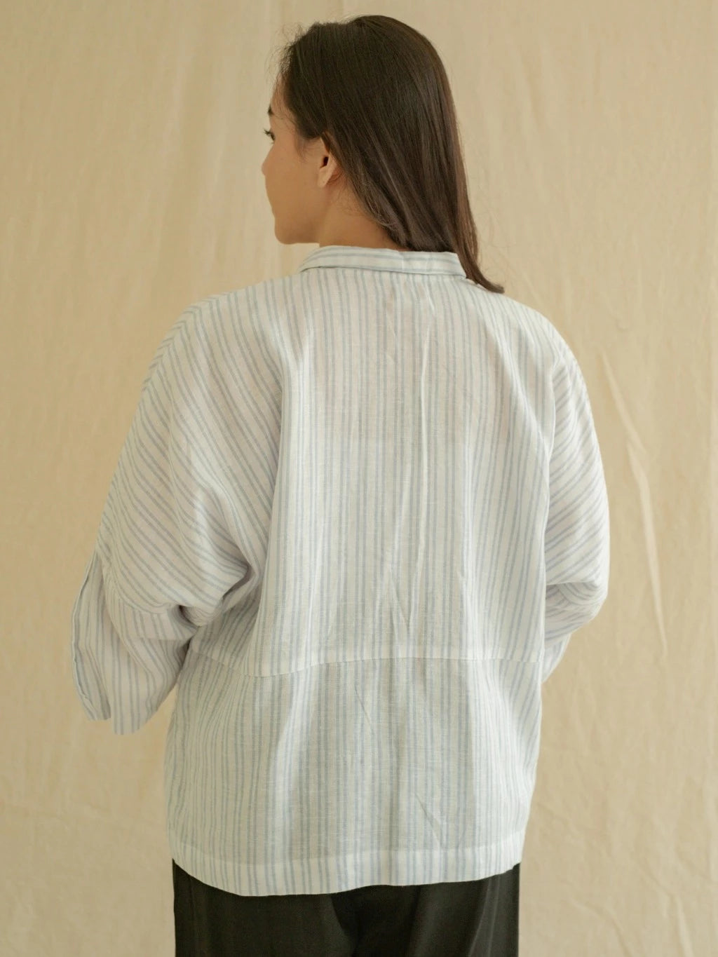 Blouse Silih Salur Biru - Labuan Linen Wear
