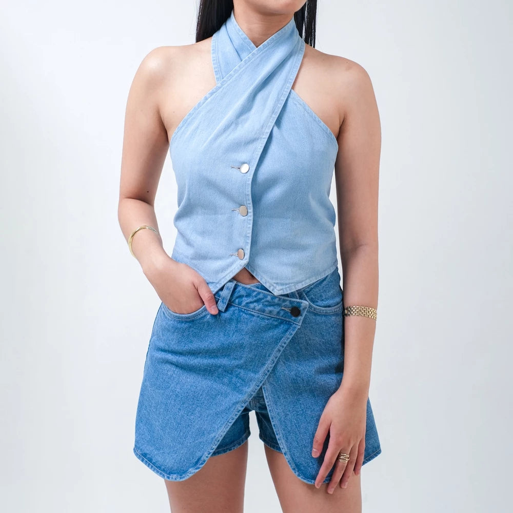 Clove Halter Denim Top - Ambra La Moda